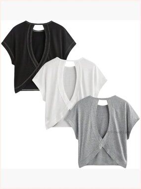 3 Pack Open Back Tops Criss Cross Cut Out Tee Short Sleeve Summer